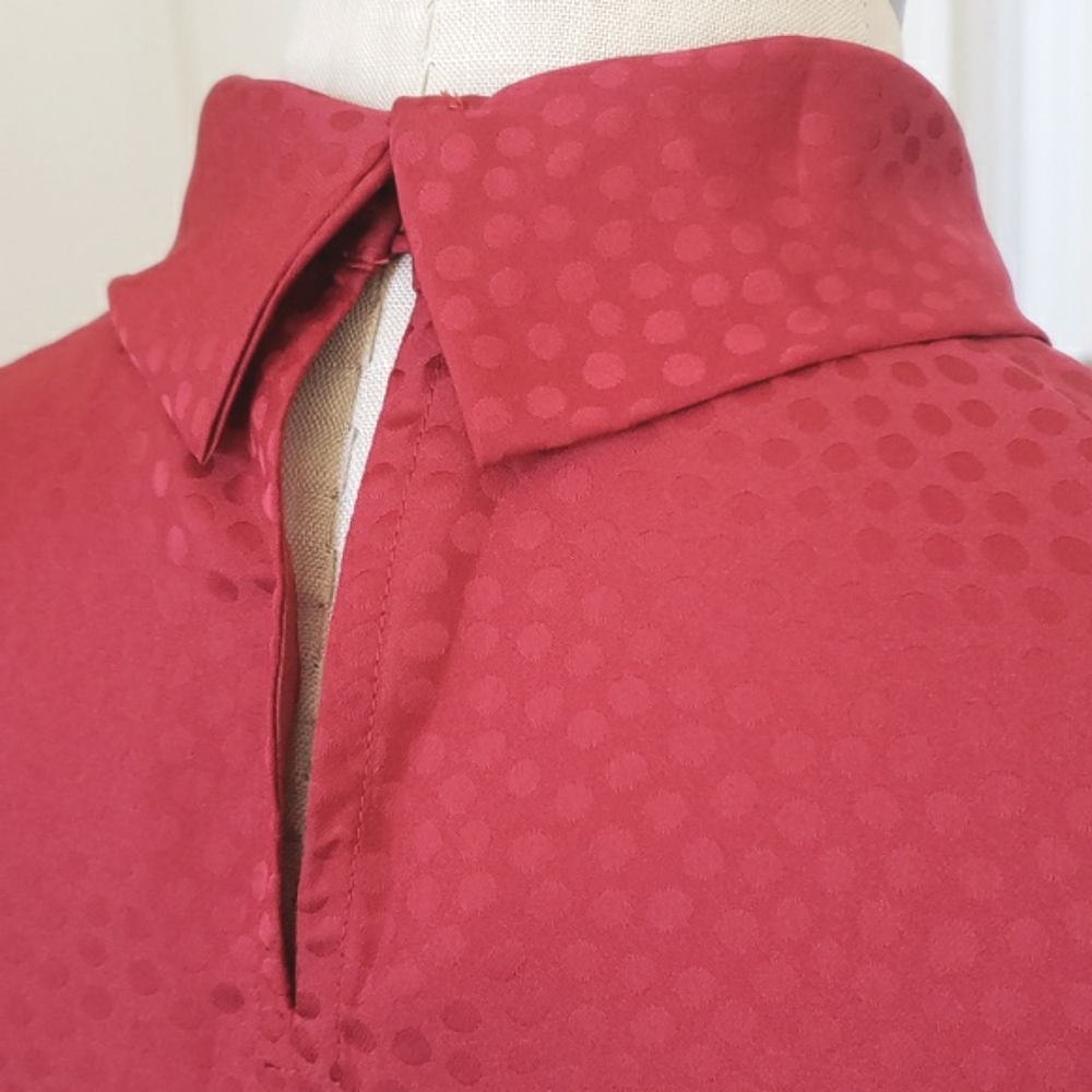 Ann Taylor Brick Red Polka Dot Jacquard Mock Neck Blouse XS Retro - Picture 6 of 8